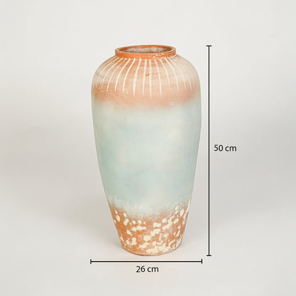 Dimension image of blue terracotta ceramic floor vase measuring 50 cm for elegant home decor styling.