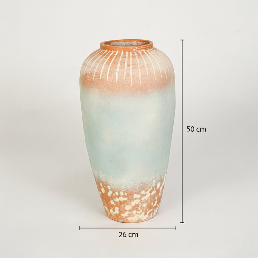 Dimension image of blue terracotta ceramic floor vase measuring 50 cm for elegant home decor styling.