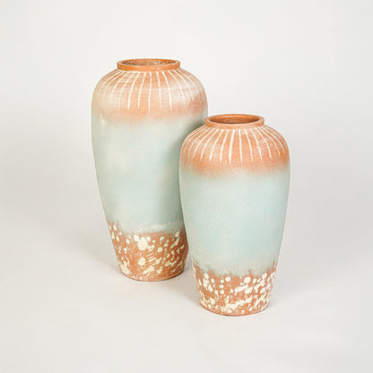 White background image of blue ceramic vase set for elegant floor decor styling with artistic matte finish.