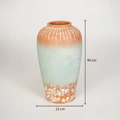 Dimension image of blue terracotta ceramic floor vase measuring 40 cm for elegant home decor styling.
