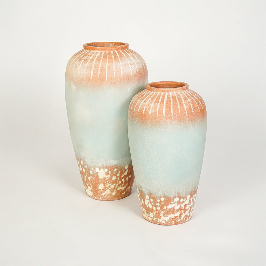 White background image of blue ceramic vase set for modern interior decor styling with artistic matte finish.