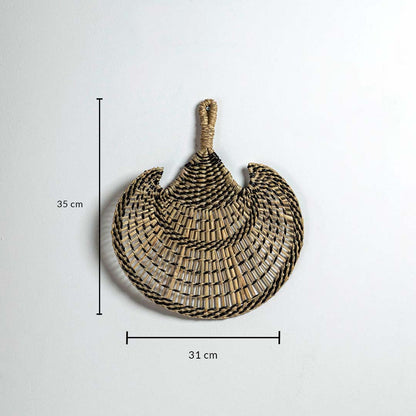 Woven seagrass decorative basket 35cm height 31cm width with black stripes dimension image showing bohemian wall decor art.