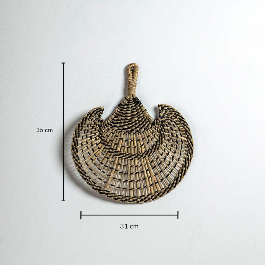 Woven seagrass decorative basket 35cm height 31cm width with black stripes dimension image showing bohemian wall decor art.