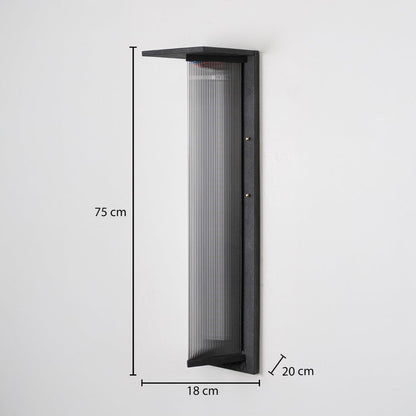 Modern outdoor wall light in black metal with ribbed diffuser mounted on wall showing 75 cm height and 18 cm width.