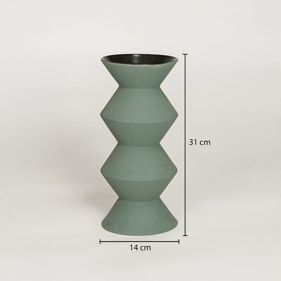 Green ceramic geometric decorative vase showing 14 cm width and 31 cm height ideal for console table shelf and home decor display.