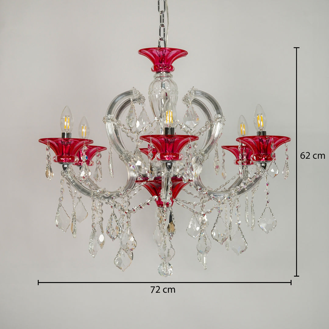 A five-light crystal chandelier with red glass flower-shaped shades and clear hanging teardrop prisms, shown against a light gray background with dimension lines indicating 72 cm width and 62 cm height.