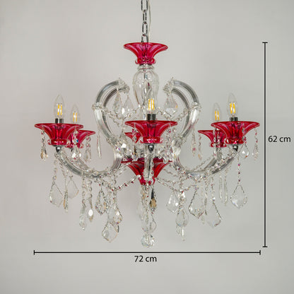 A five-light crystal chandelier with red glass flower-shaped shades and clear hanging teardrop prisms, shown against a light gray background with dimension lines indicating 72 cm width and 62 cm height.