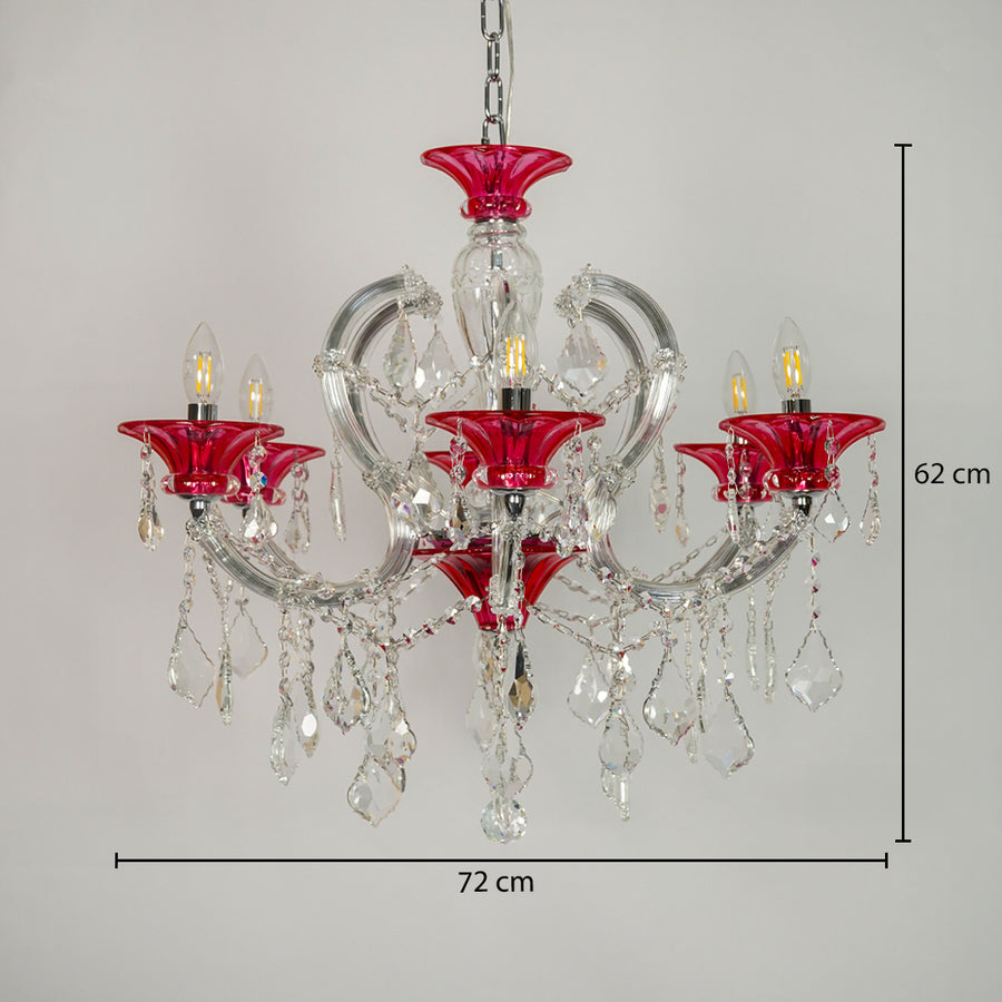 A five-light crystal chandelier with red glass flower-shaped shades and clear hanging teardrop prisms, shown against a light gray background with dimension lines indicating 72 cm width and 62 cm height.