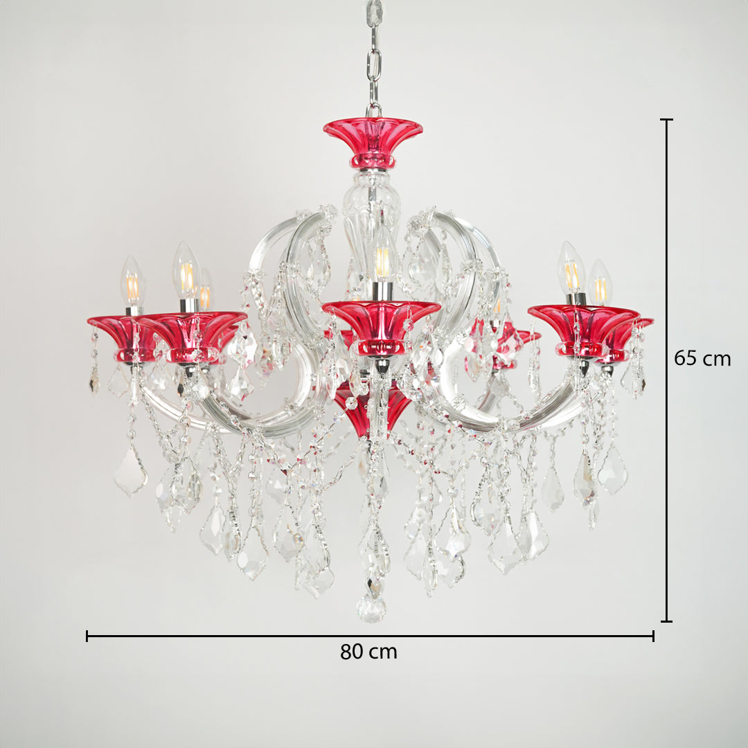 Dimension image of red and clear glass baccarat style chandelier for modern dining room decor styling with precise size measurement.