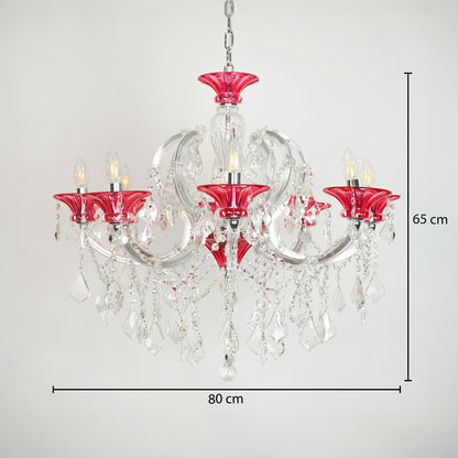 Dimension image of red and clear glass baccarat style chandelier for modern dining room decor styling with precise size measurement.