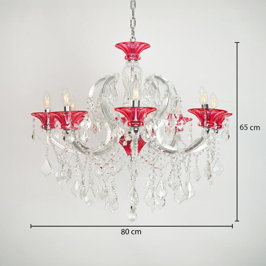 Dimension image of red and clear glass baccarat style chandelier for modern dining room decor styling with precise size measurement.