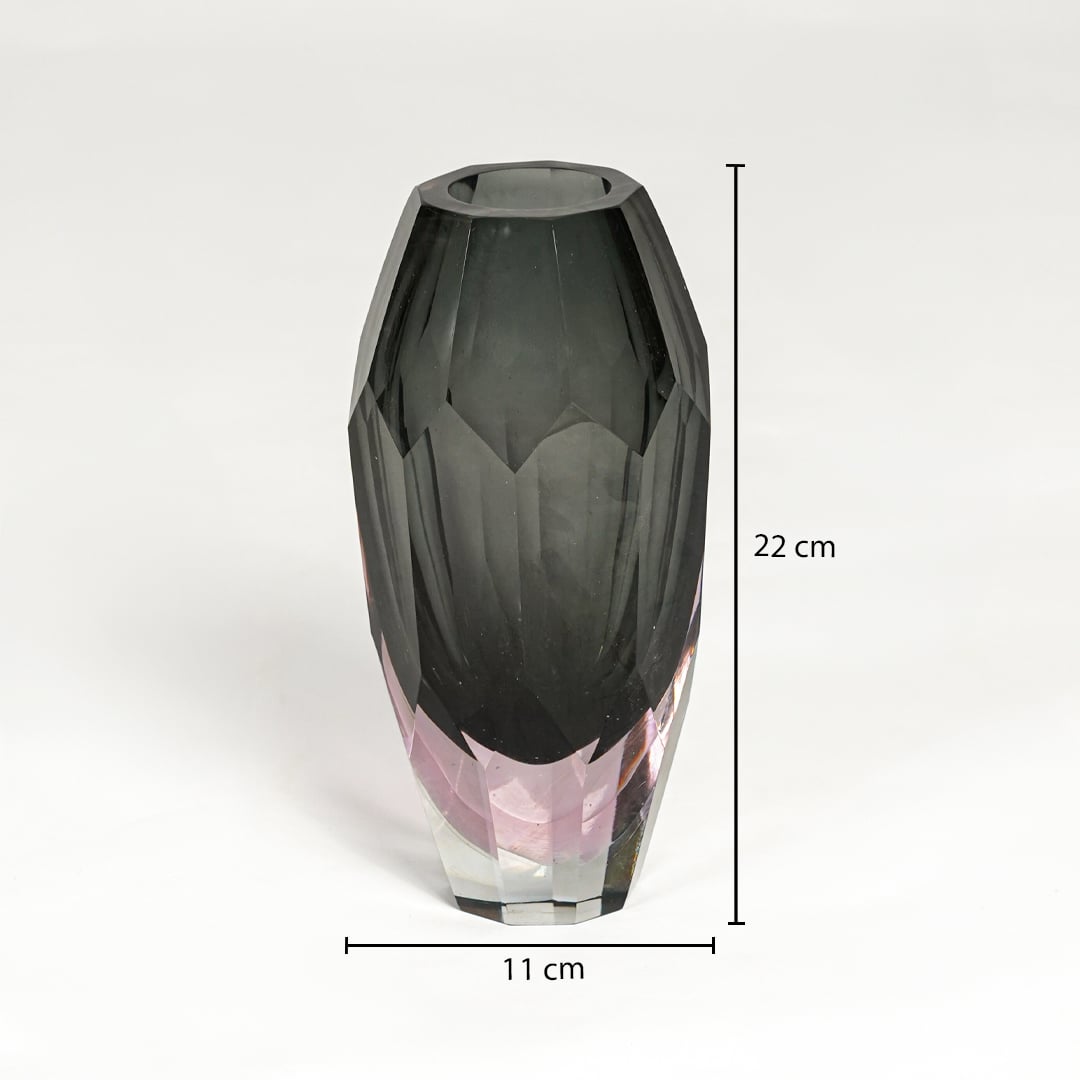 Grey and pink glass decorative vase measuring 22 cm height and 11 cm width ideal for modern tabletop decor styling.