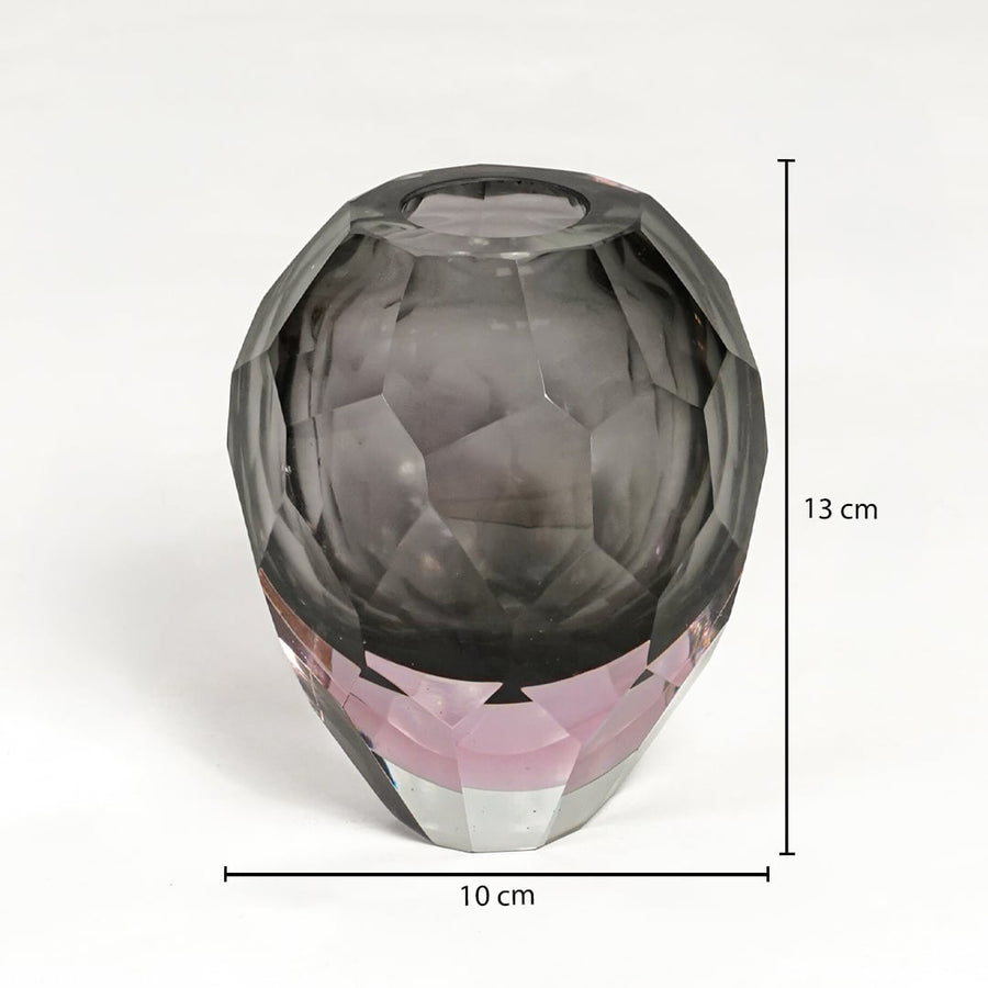 Grey and pink glass decorative bowl measuring 13 cm height and 10 cm width perfect for elegant home decor placement.