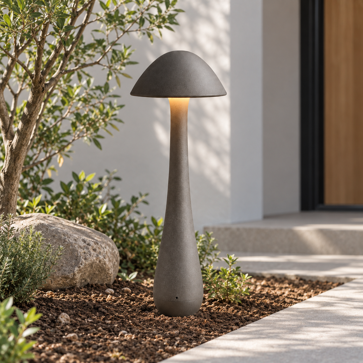 A mushroom-shaped outdoor landscape light with a textured dark gray concrete finish, glowing with a warm light from within, set in a landscaped garden bed next to a stone wall and pathway.