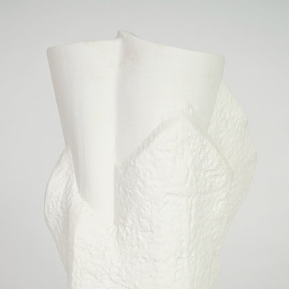 Closeup image of white ceramic abstract vase for modern console table decor styling with textured artistic finish.