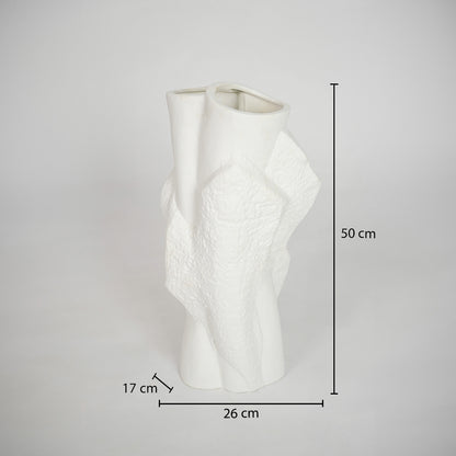 White textured ceramic vase dimension image with 50 cm height and 26 cm width for modern floor decor.