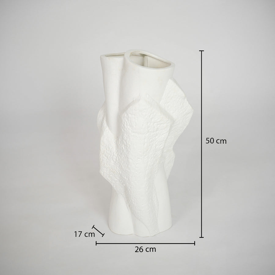 White textured ceramic vase dimension image with 50 cm height and 26 cm width for modern floor decor.
