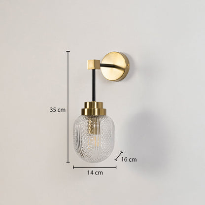 Gold and black wall sconce with textured glass shade shown with size 35 cm height 14 cm width 16 cm depth for accurate fitting view.