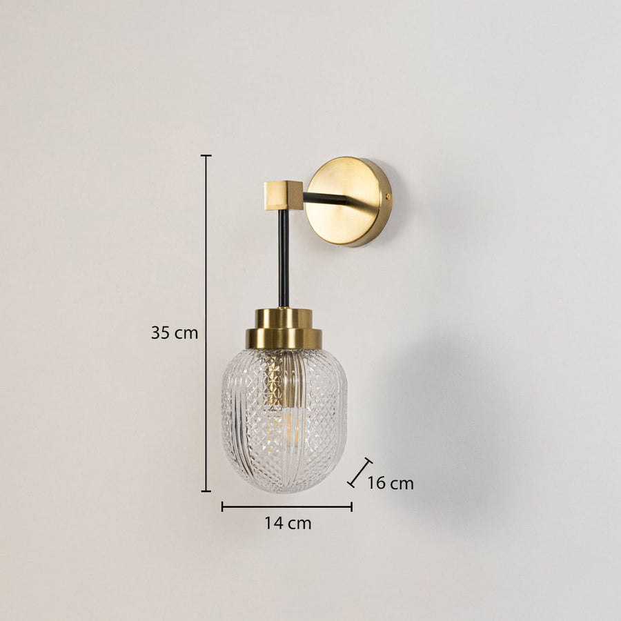 Gold and black wall sconce with textured glass shade shown with size 35 cm height 14 cm width 16 cm depth for accurate fitting view.
