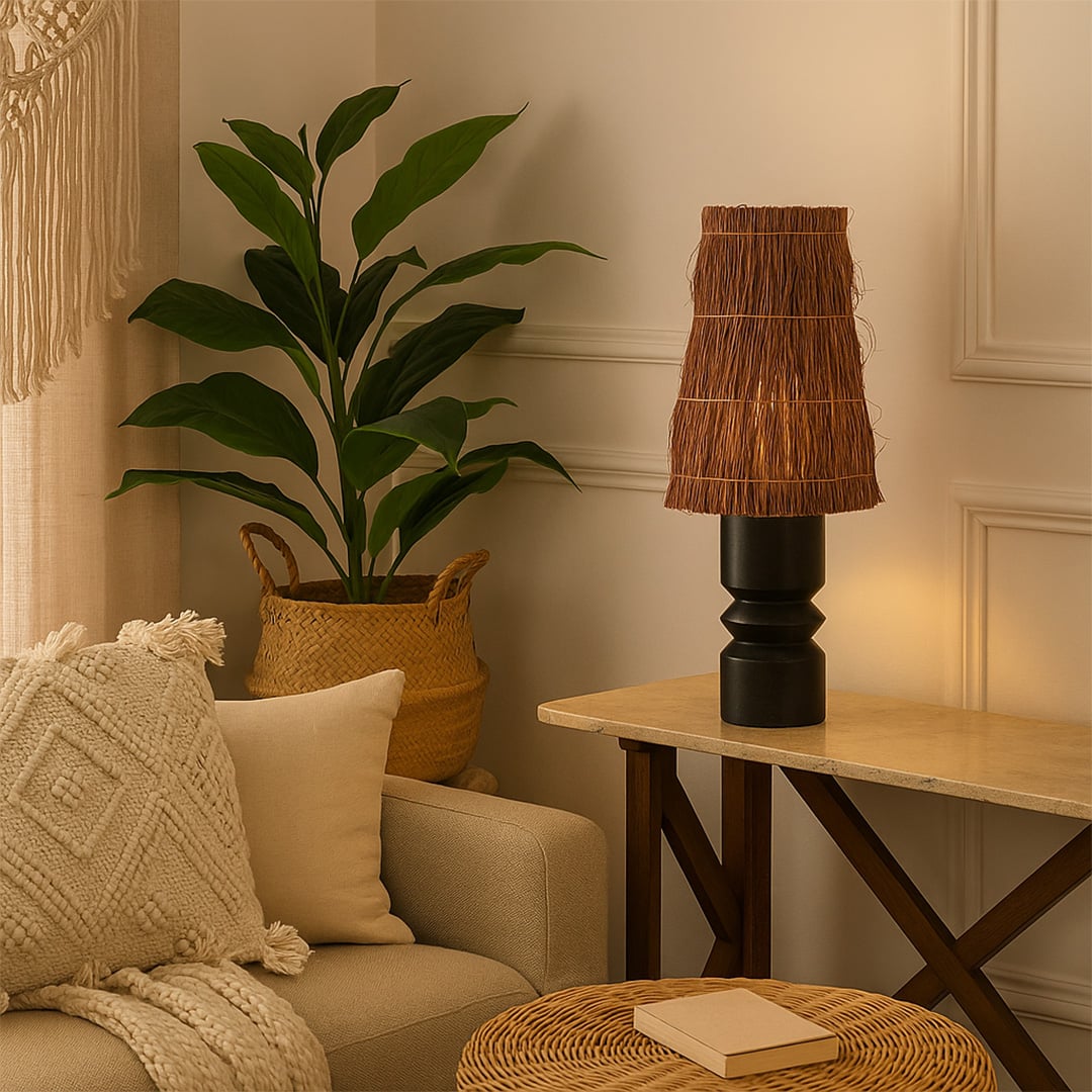 Artisan table lamp featuring a textured woven shade and solid black wooden base delivering warm earthy lighting perfect for refined rustic and modern interior home decor.