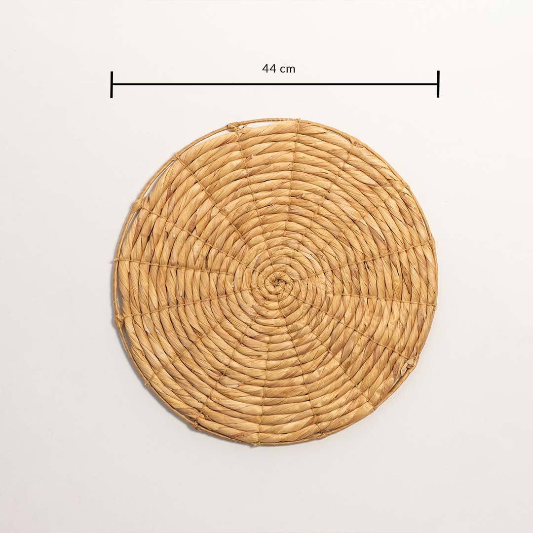 Dimension image of handcrafted solid natural wicker seagrass wall basket with woven spiral pattern for boho wall decor.