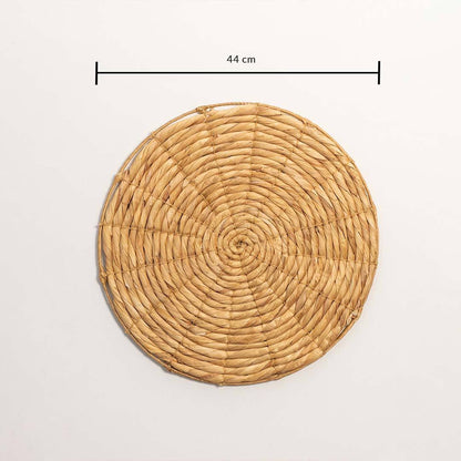 Dimension image of handcrafted solid natural wicker seagrass wall basket with woven spiral pattern for boho wall decor.