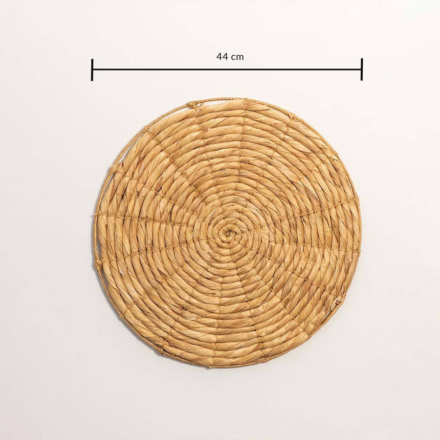 Dimension image of handcrafted solid natural wicker seagrass wall basket with woven spiral pattern for boho wall decor.