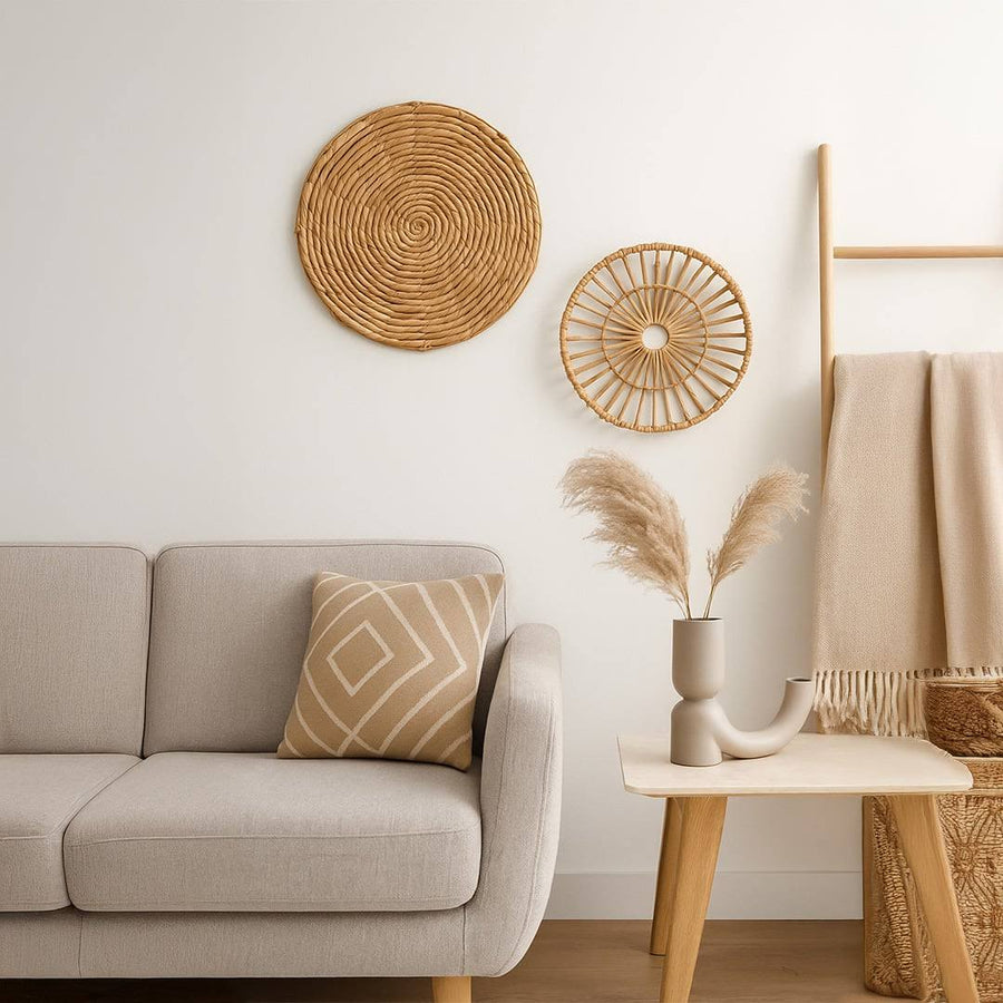 Handcrafted solid natural wicker seagrass wall basket set displayed in lifestyle living room for bohemian home decor.