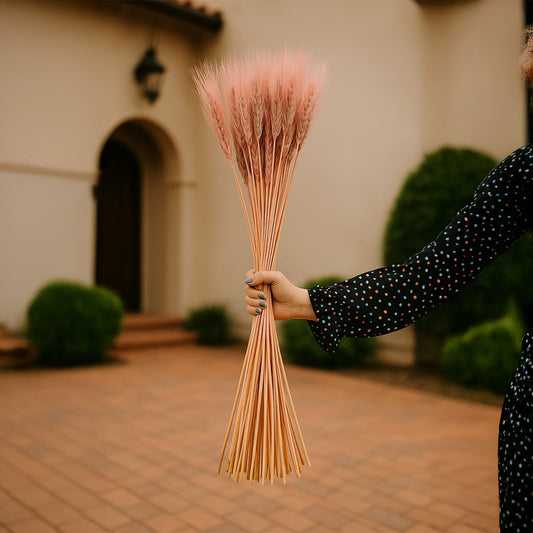 Pink dried wheat bundle held in hand creating natural bohemian farmhouse decor for rustic interior styling arrangement.