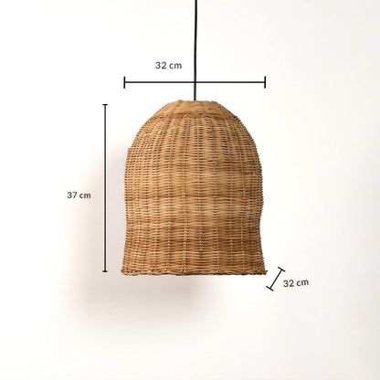Compact rattan pendant light showing 35 cm height 27 cm width and 18 cm depth designed for cozy natural ceiling decor.