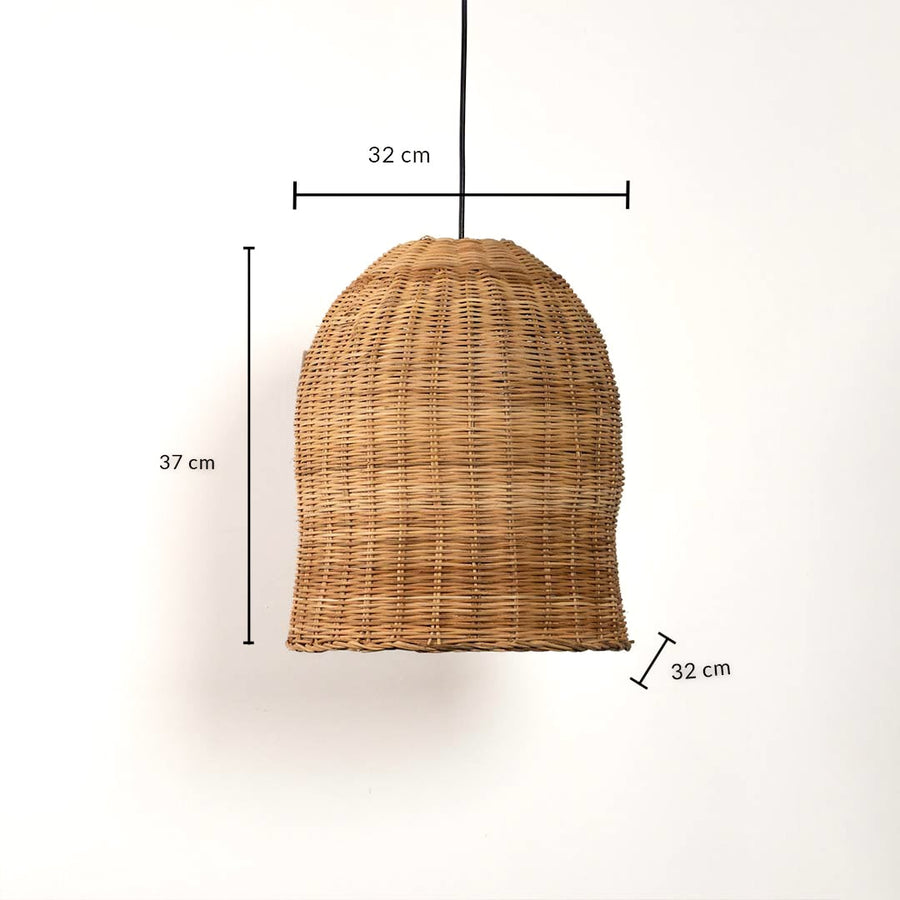 Compact rattan pendant light showing 35 cm height 27 cm width and 18 cm depth designed for cozy natural ceiling decor.