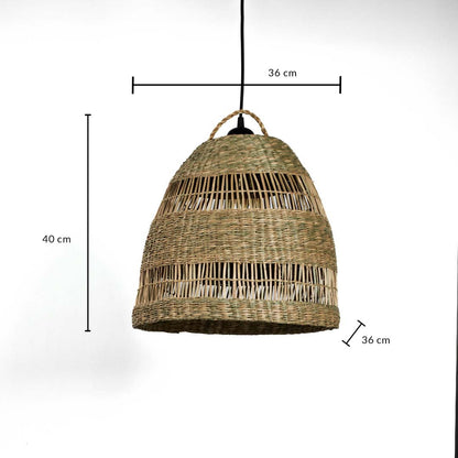 Handwoven rattan pendant light showing 36 cm height 28 cm width and 7 cm canopy size suitable for dining living room ceiling decor.