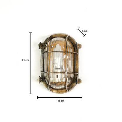 Dimension image of nautical steampunk bulkhead sconce light fixture for elegant home exterior decor and modern lighting.