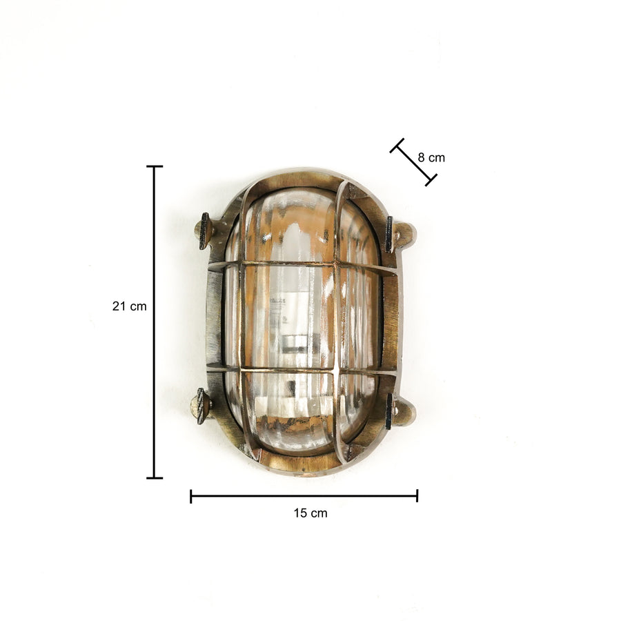 Dimension image of nautical steampunk bulkhead sconce light fixture for elegant home exterior decor and modern lighting.
