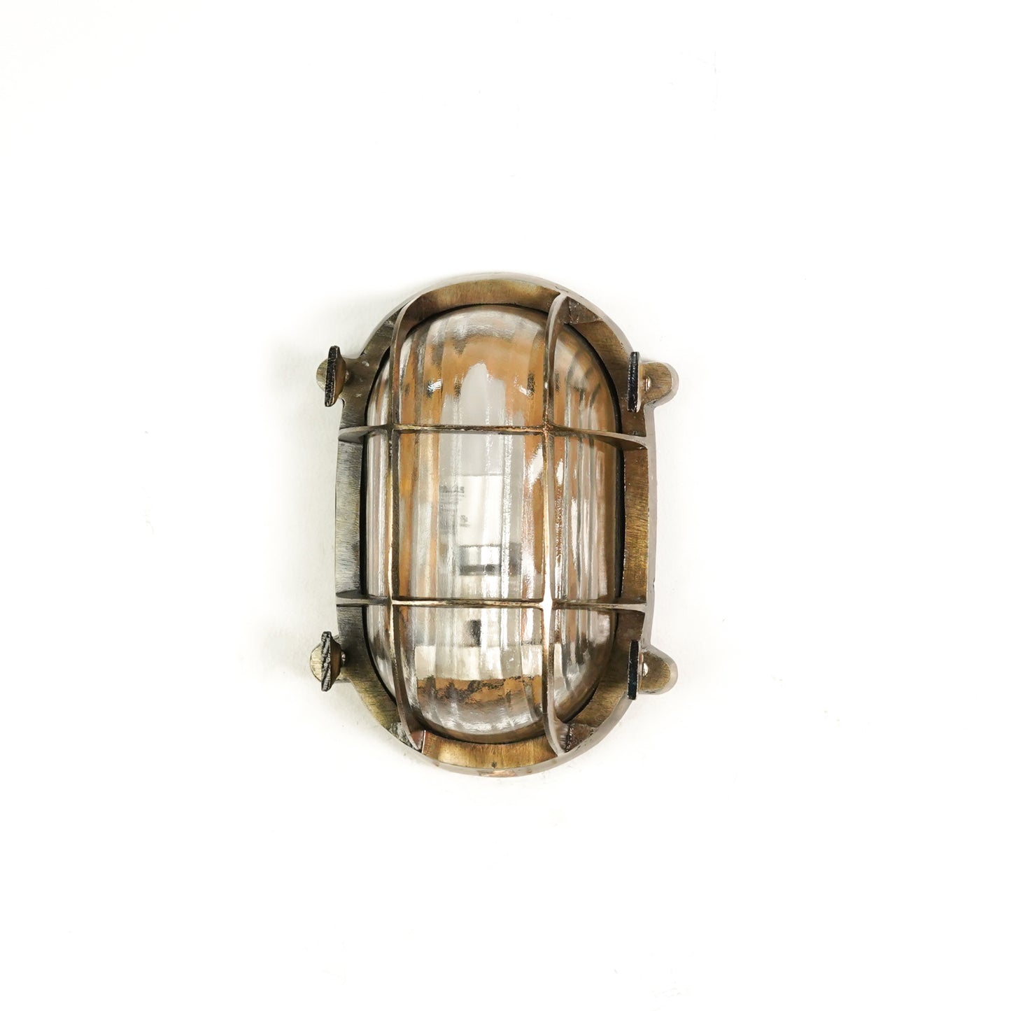 White background image of nautical steampunk bulkhead sconce light fixture for elegant home exterior decor and wall lighting.
