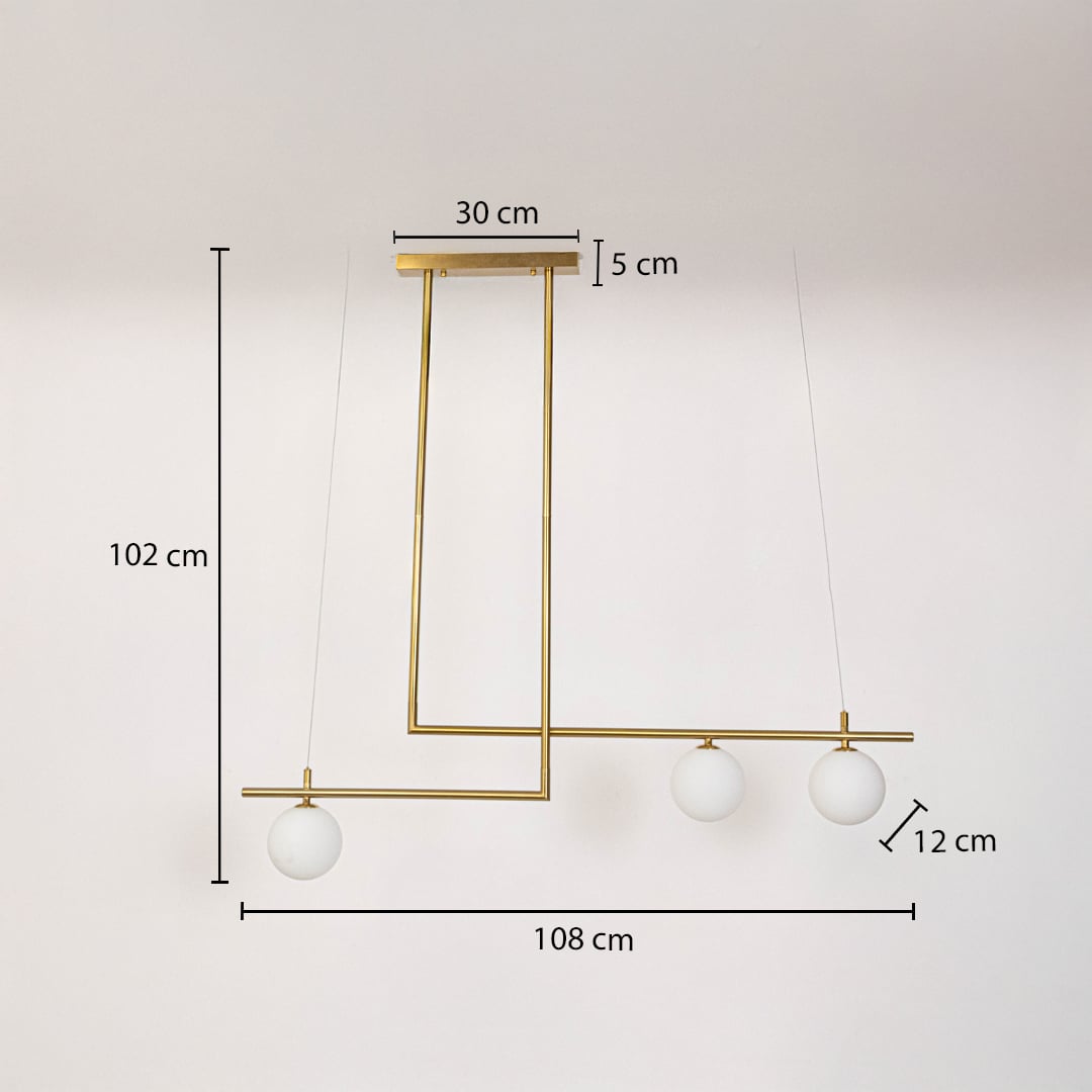 Gold pendant light with three frosted globes shown with dimensions 108cm width and 102cm height for ceiling placement.