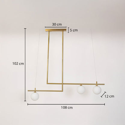 Gold pendant light with three frosted globes shown with dimensions 108cm width and 102cm height for ceiling placement.
