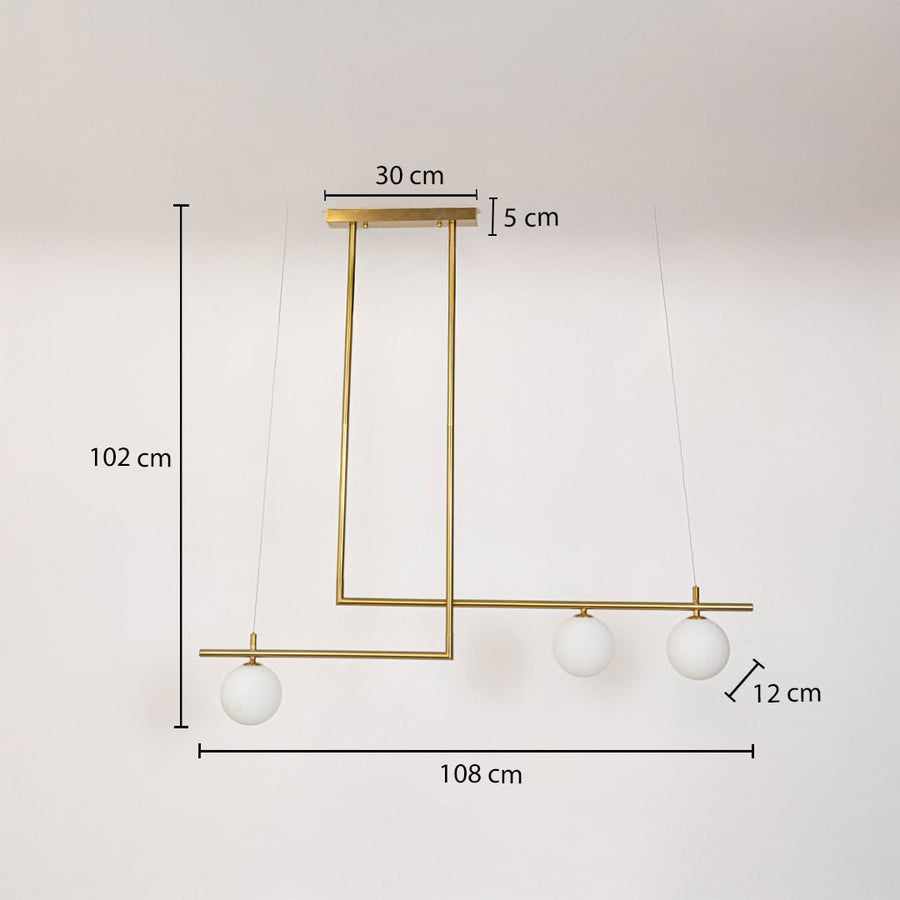 Gold pendant light with three frosted globes shown with dimensions 108cm width and 102cm height for ceiling placement.