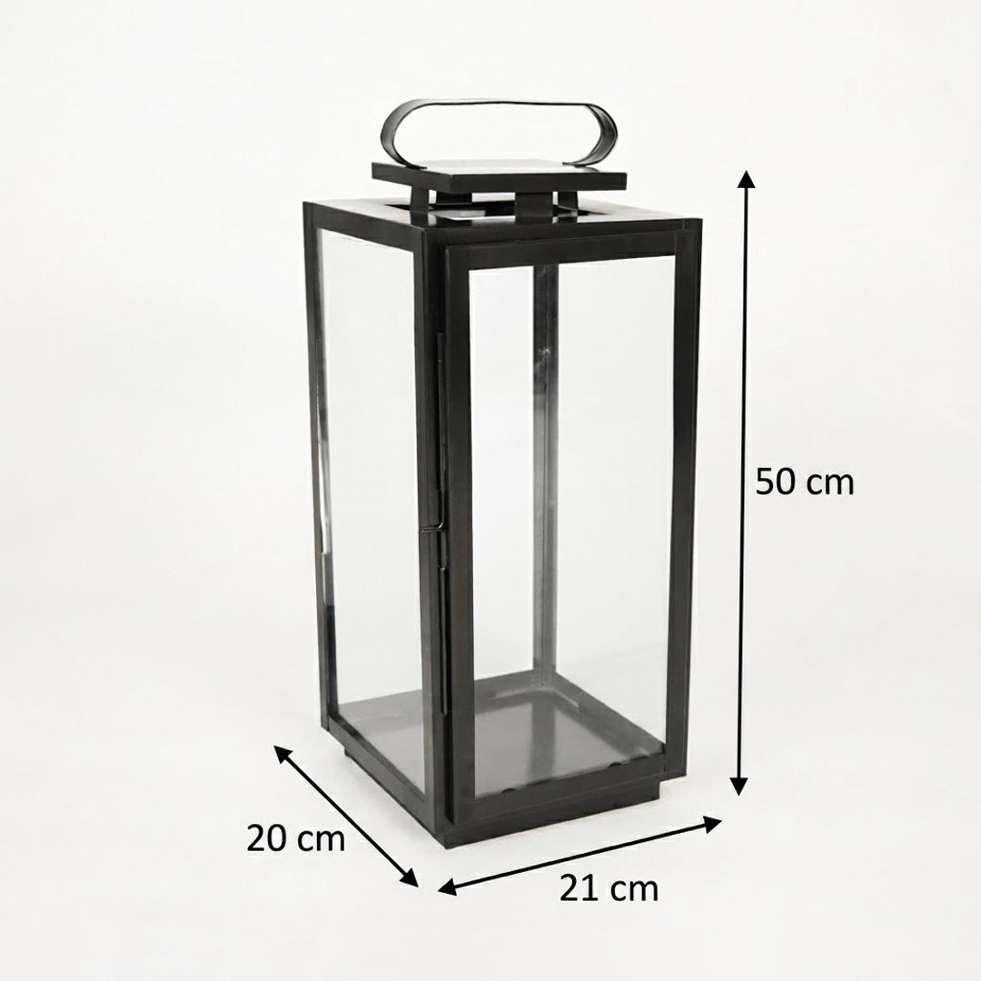 Dimension image of large metal tower lantern for rustic outdoor patio decor styling and modern home garden lighting setups.
