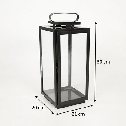Dimension image of large metal tower lantern for rustic outdoor patio decor styling and modern home garden lighting setups.