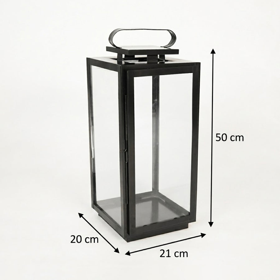 Dimension image of large metal tower lantern for rustic outdoor patio decor styling and modern home garden lighting setups.