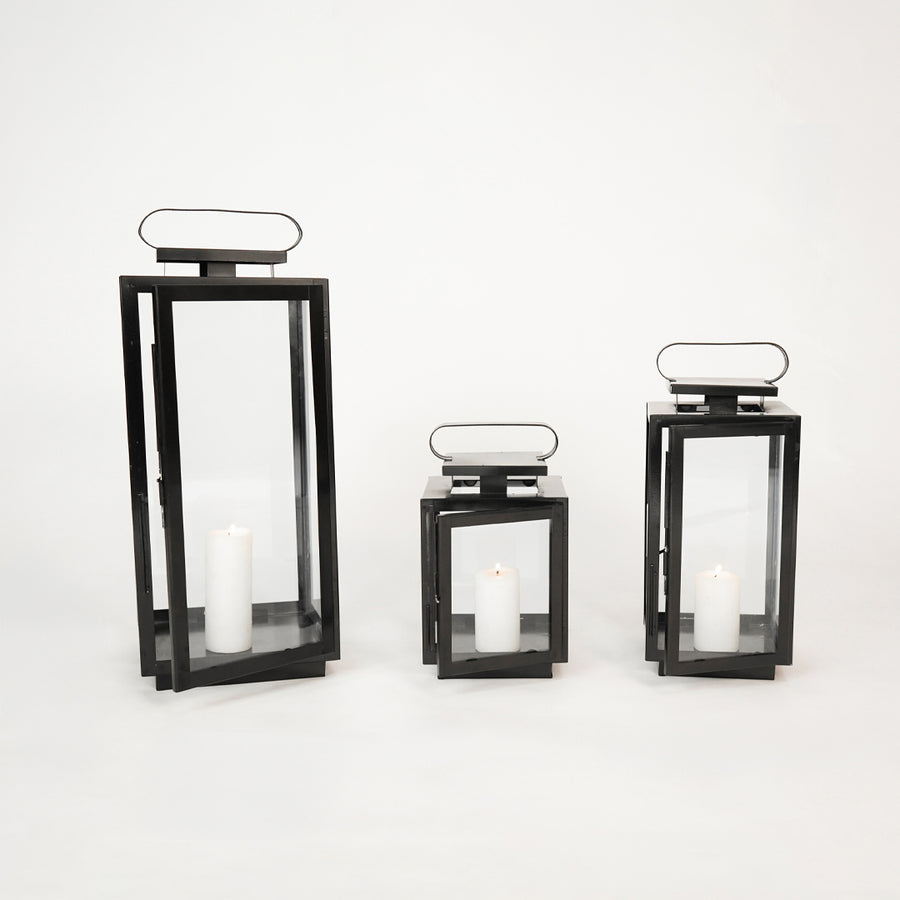 Grouped image of large metal tower lantern for rustic outdoor patio decor styling and modern home garden lighting designs.