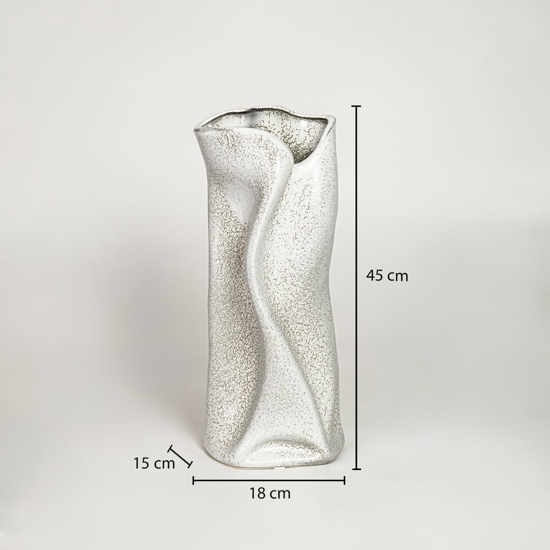 White ceramic decorative floor vase showing 18 cm width 15 cm depth and 45 cm height ideal for living room floor decor display.