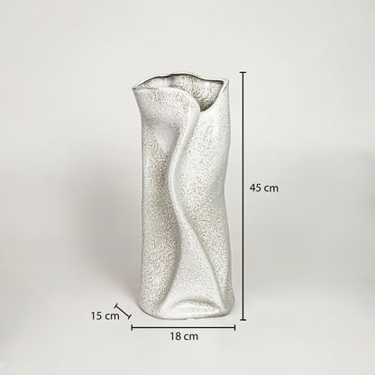 White ceramic decorative floor vase showing 18 cm width 15 cm depth and 45 cm height ideal for living room floor decor display.