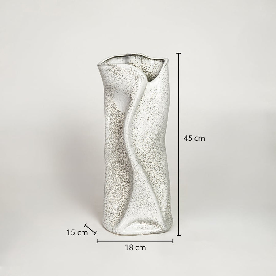 White ceramic decorative floor vase showing 18 cm width 15 cm depth and 45 cm height ideal for living room floor decor display.