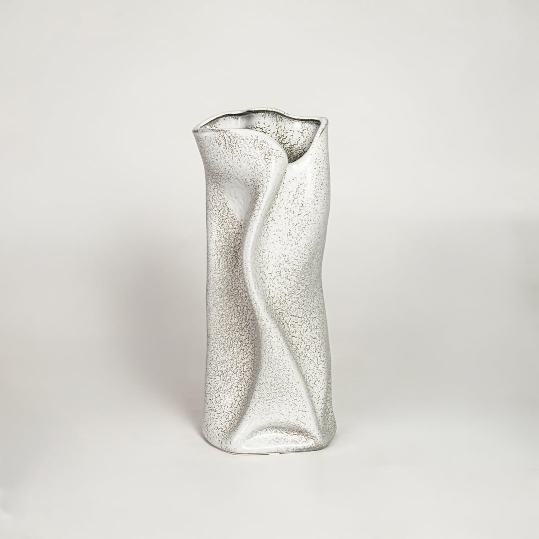 Modern white ceramic decorative floor vase with sculpted organic design ideal for living room corner and stylish home decor.