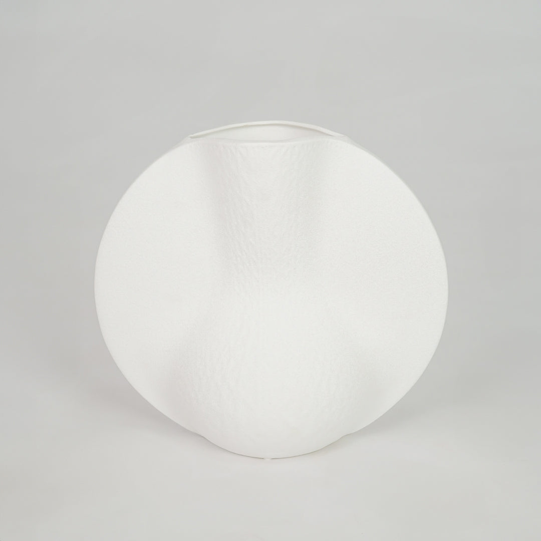 White background image of white ceramic decor plate for modern dining table styling with matte finish.