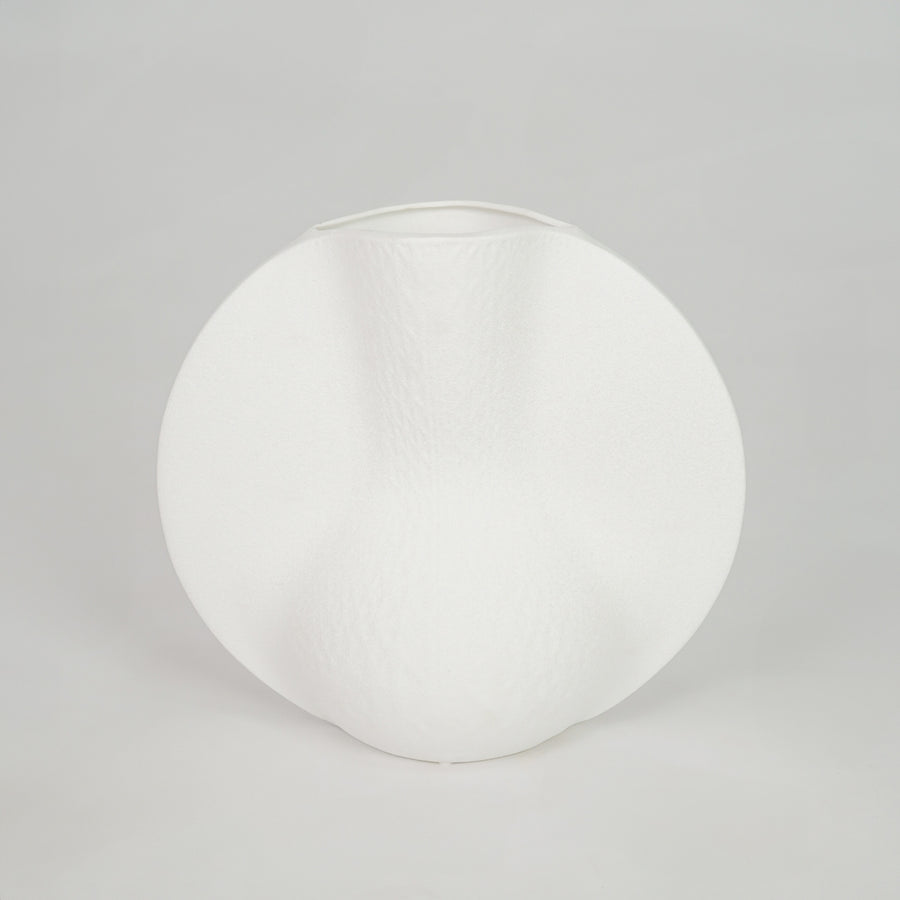 White background image of white ceramic decor plate for modern dining table styling with matte finish.