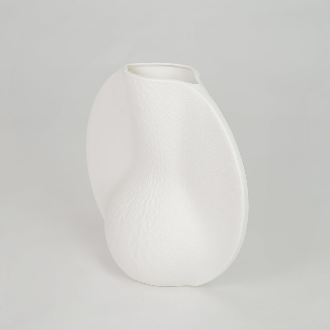 White background image of white ceramic abstract vase for modern tabletop decor styling with matte finish.