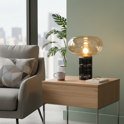 Amber glass table lamp with black marble base placed on a wooden side table creating warm modern ambient lighting indoors.